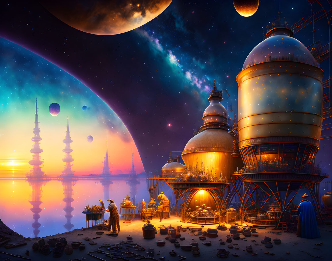 Futuristic twilight cityscape with domed buildings and cosmic sky