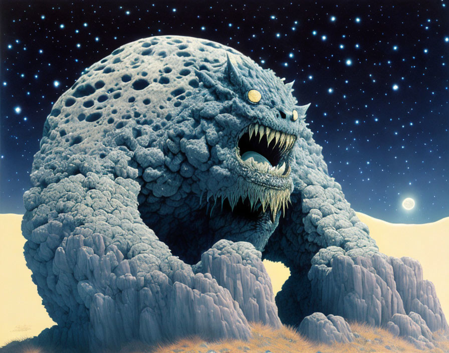 Rocky hill creature with sharp teeth under starry sky