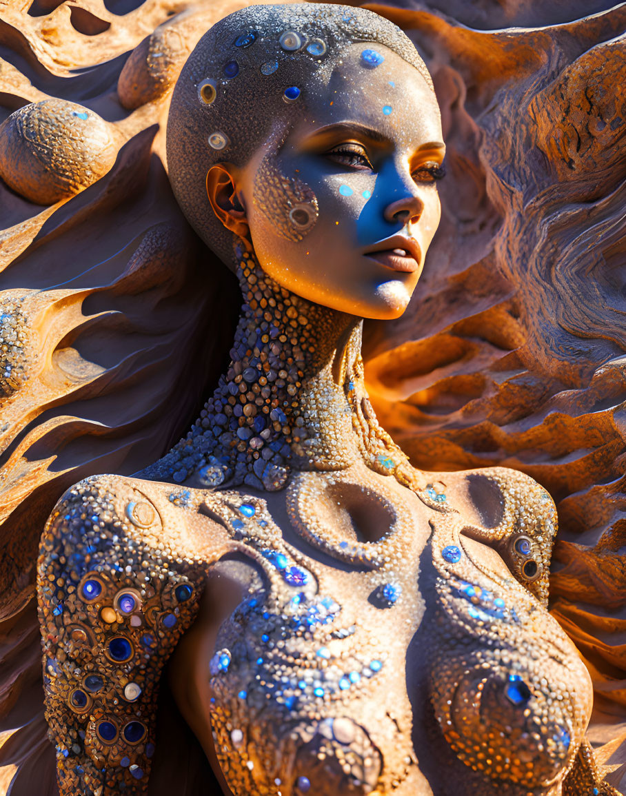 Blue-skinned alien woman adorned with bead patterns on organic background