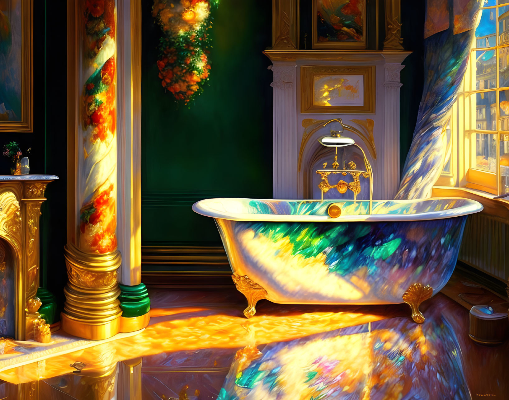 Luxurious Bathroom with Golden Fixtures and Clawfoot Tub