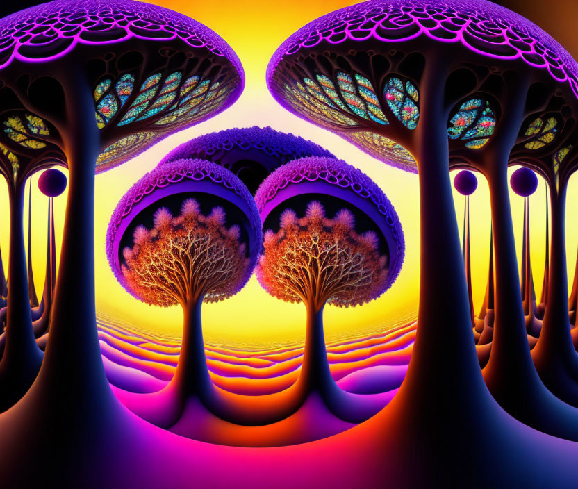 Symmetrical Tree-Like Fractal Image with Circular Canopies