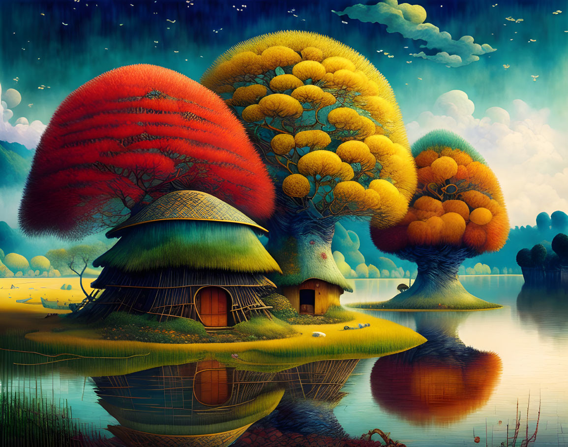 Vibrant fantasy landscape with oversized mushroom trees, thatched cottage, and reflective water under dusk sky