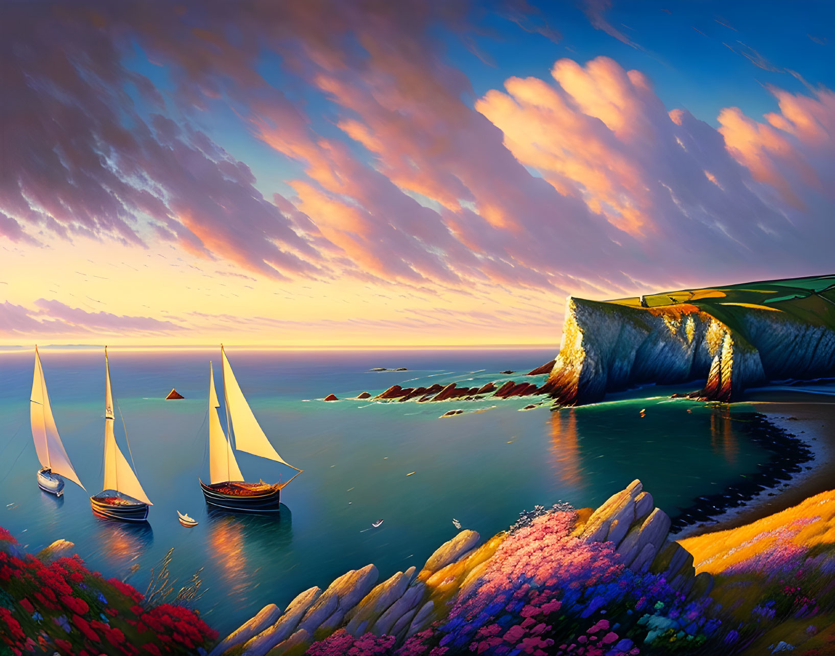 Sailboats near flower-coast under vibrant sunset sky