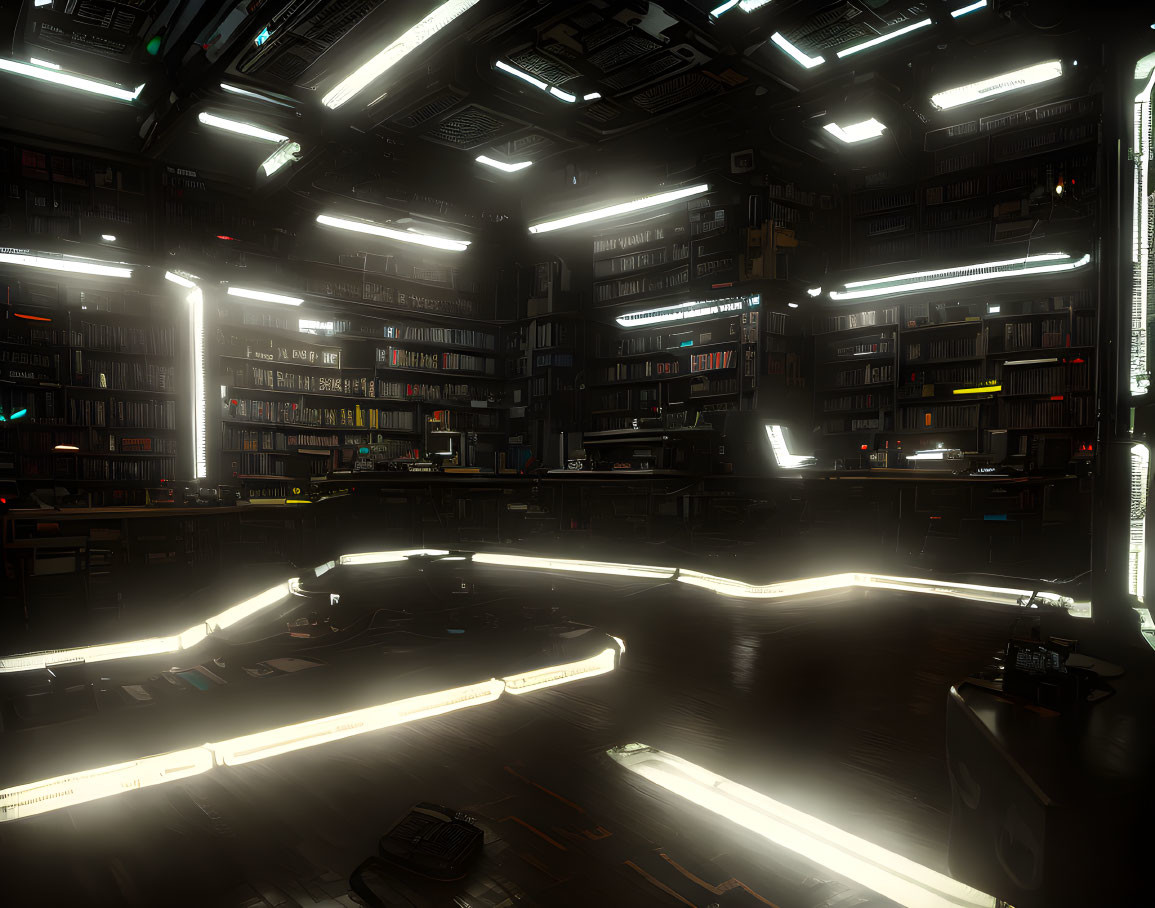 Futuristic library with tall dark bookshelves and neon lighting