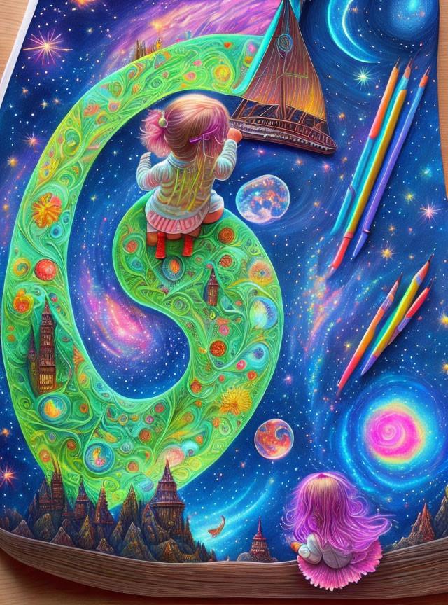 Vibrant cosmic-themed illustration with a little girl on a swirly path