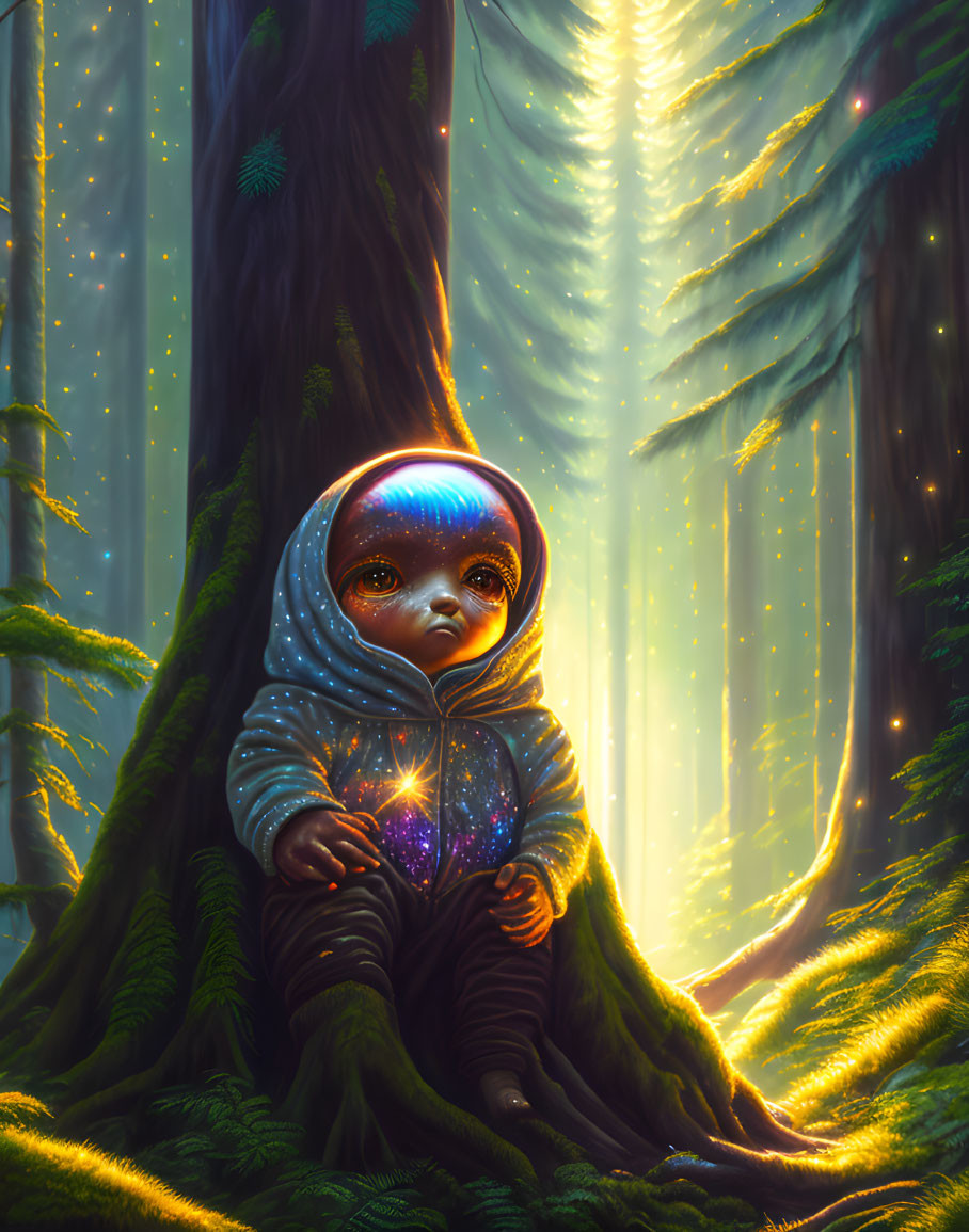 Enchanting creature with expressive eyes in radiant forest scene