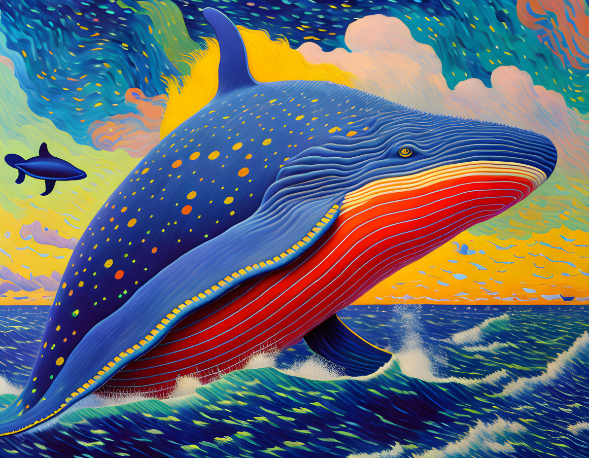 Colorful Illustration of Large Blue Whale Swimming in Patterned Ocean