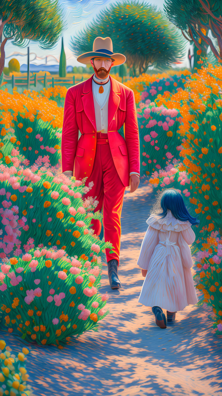 Man in red suit and child stroll in flowery garden under sunny sky