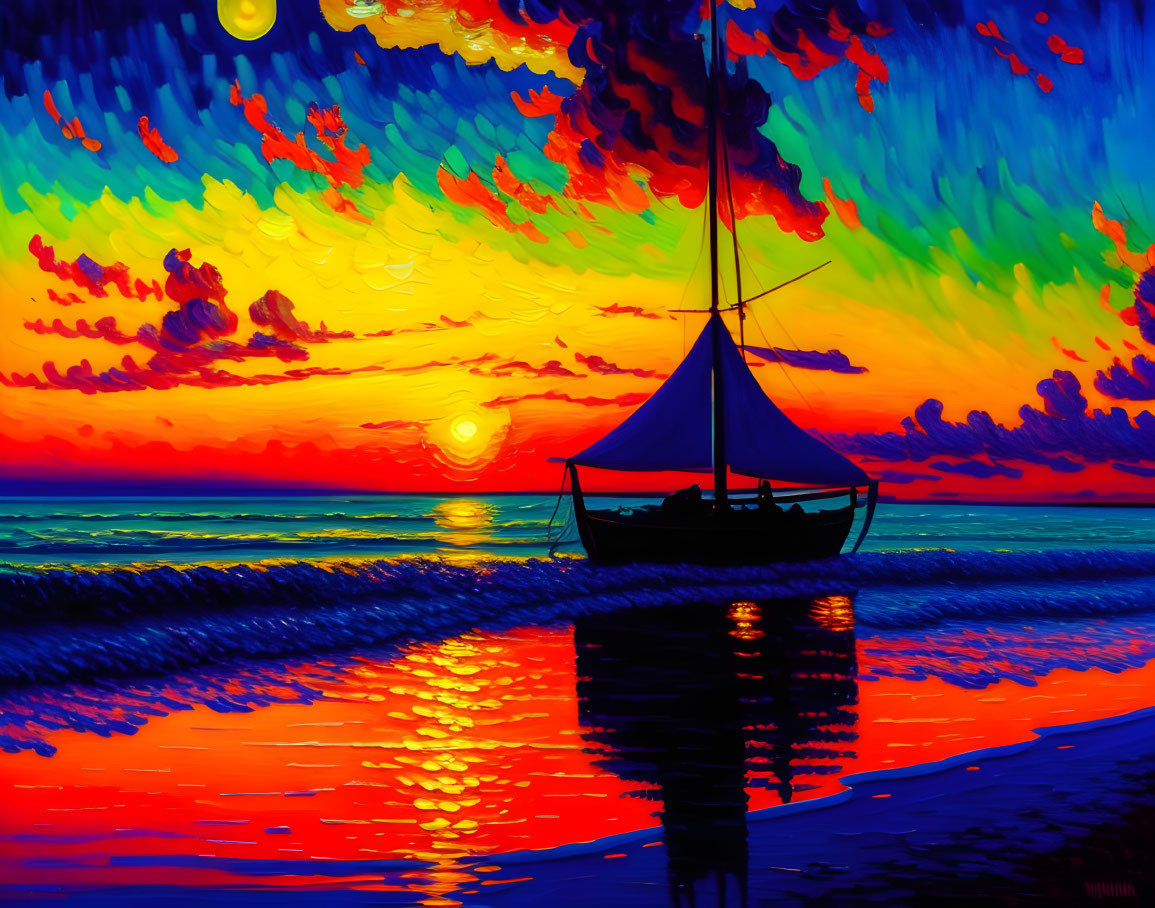 Colorful painting: Boat silhouette at sunset with reflections