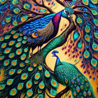 Colorful Peacocks Perched on Branches in Artwork