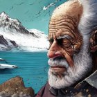 Elderly man with white beard in snowy mountain landscape