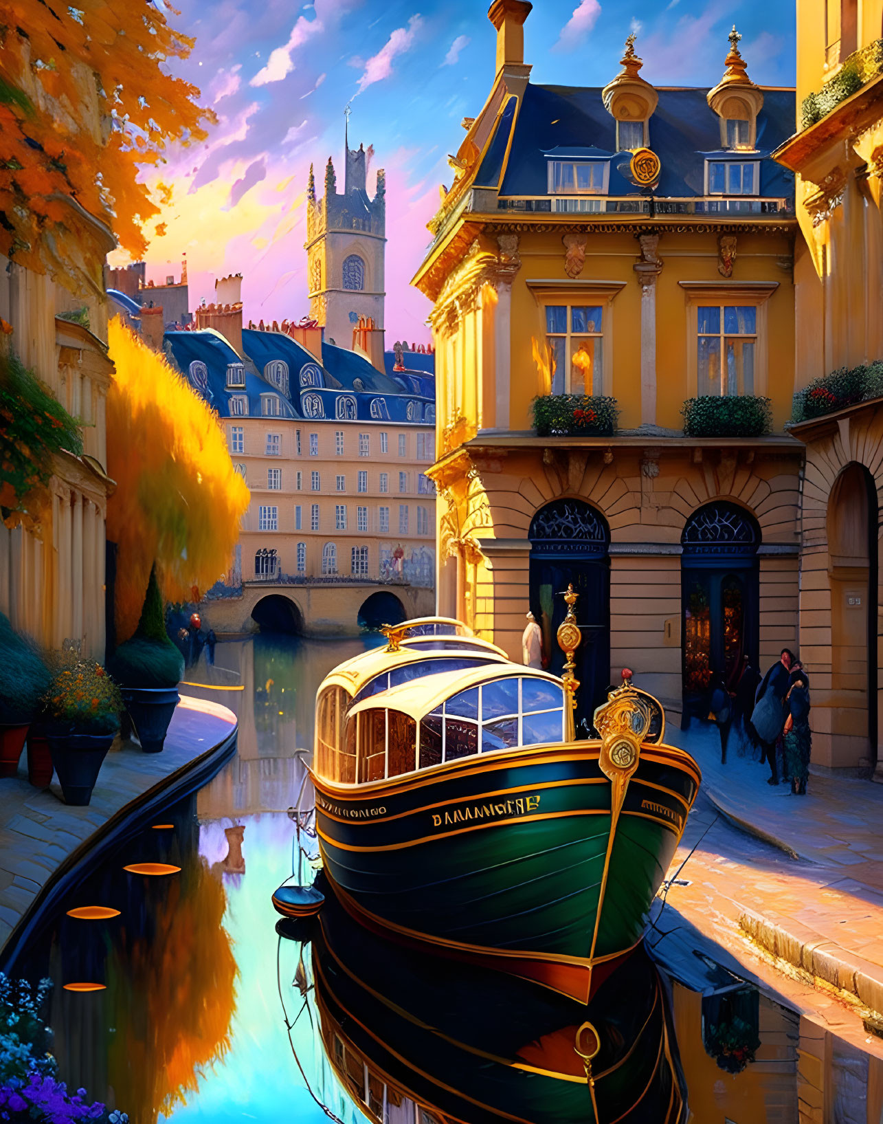 Tranquil Paris canal scene with moored boat and golden sunset light