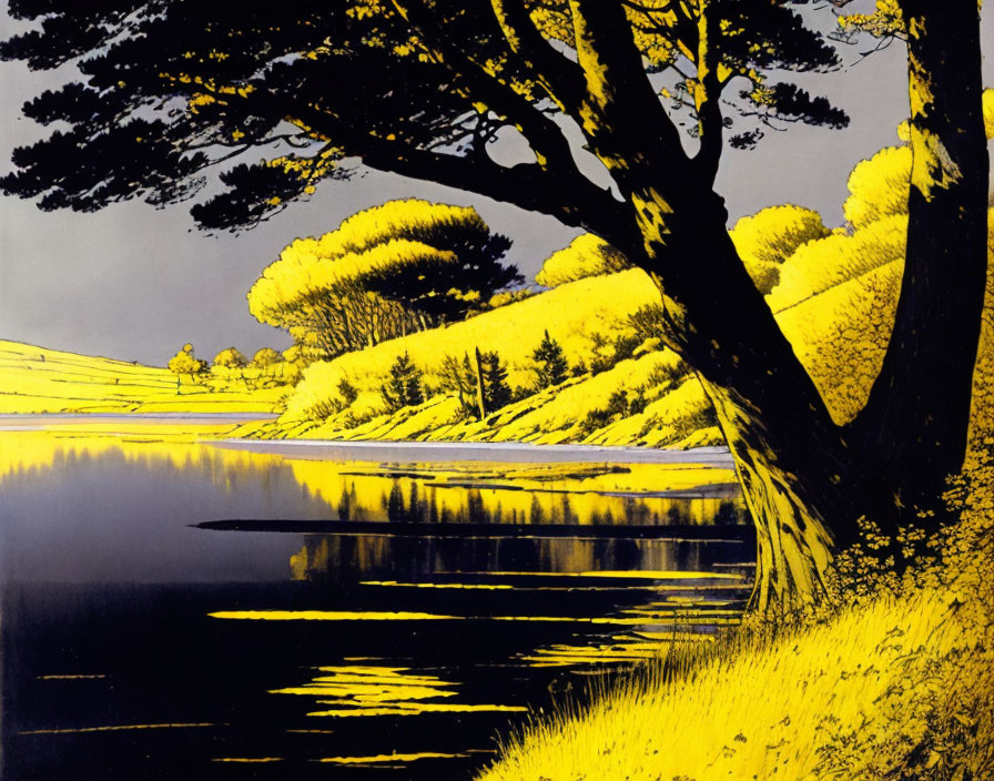 Tranquil lake scene with vibrant yellow trees and serene blue sky