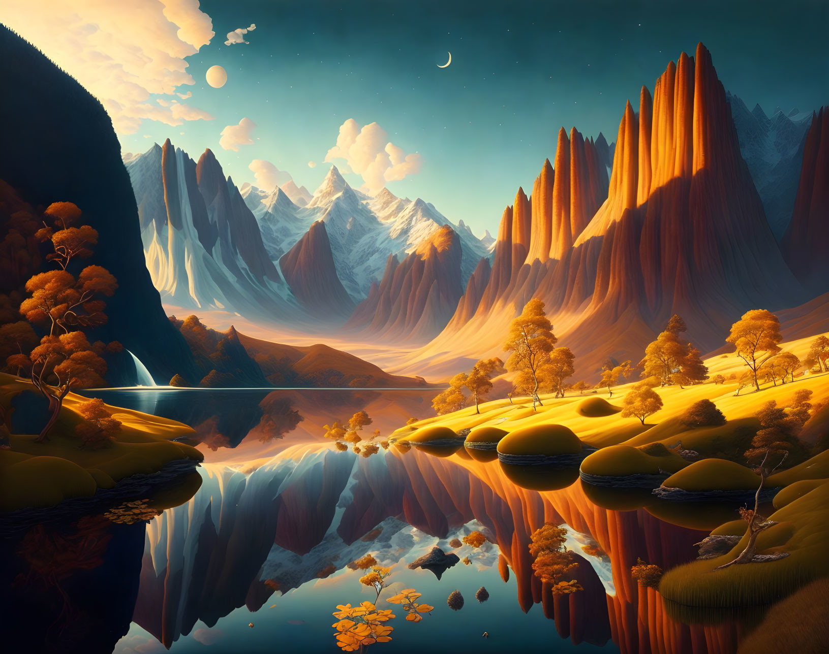 Tranquil fantasy landscape: Orange cliffs, serene mountains, reflective lake, vibrant trees at dusk with