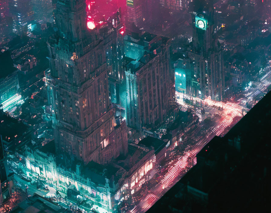 Futuristic cyberpunk cityscape with neon lights & skyscrapers