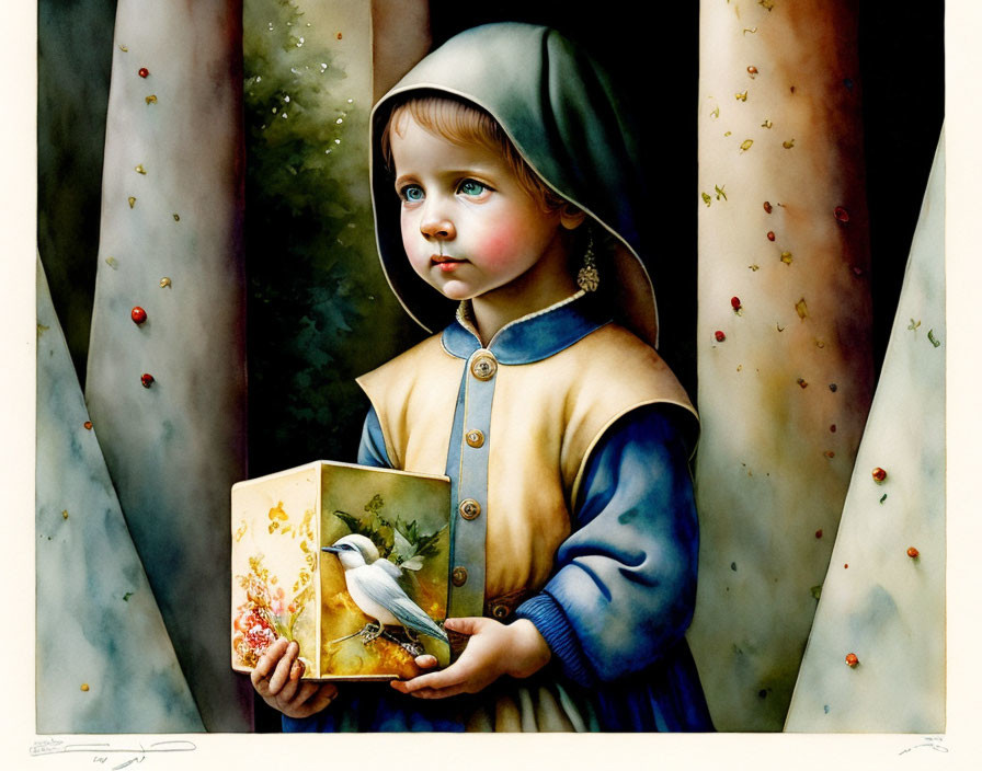 Child in blue hood with book and bird, surrounded by trees and ladybugs