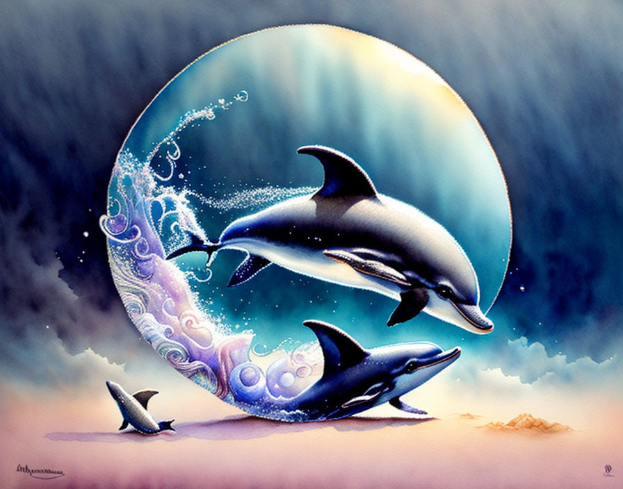 Dolphins leaping in stylized ocean wave under crescent moon