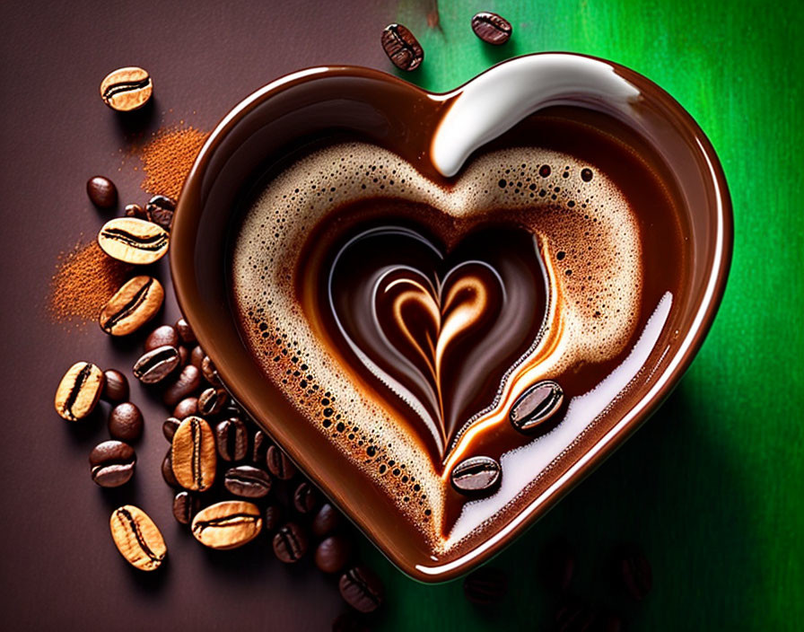 Heart-shaped coffee cup with cream swirl, surrounded by coffee beans on brown surface