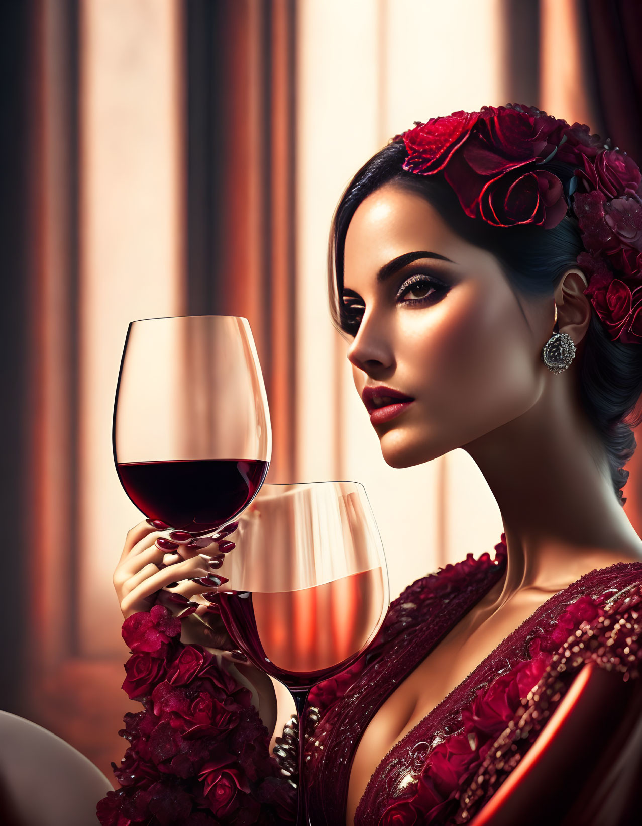 Dark-haired woman in red dress and floral headpiece holding red wine glass