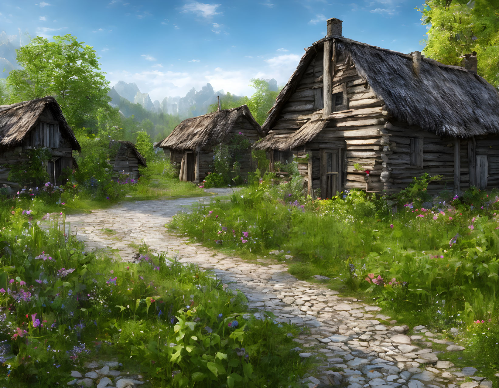 Picturesque Rustic Village with Wooden Cottages and Stone Path