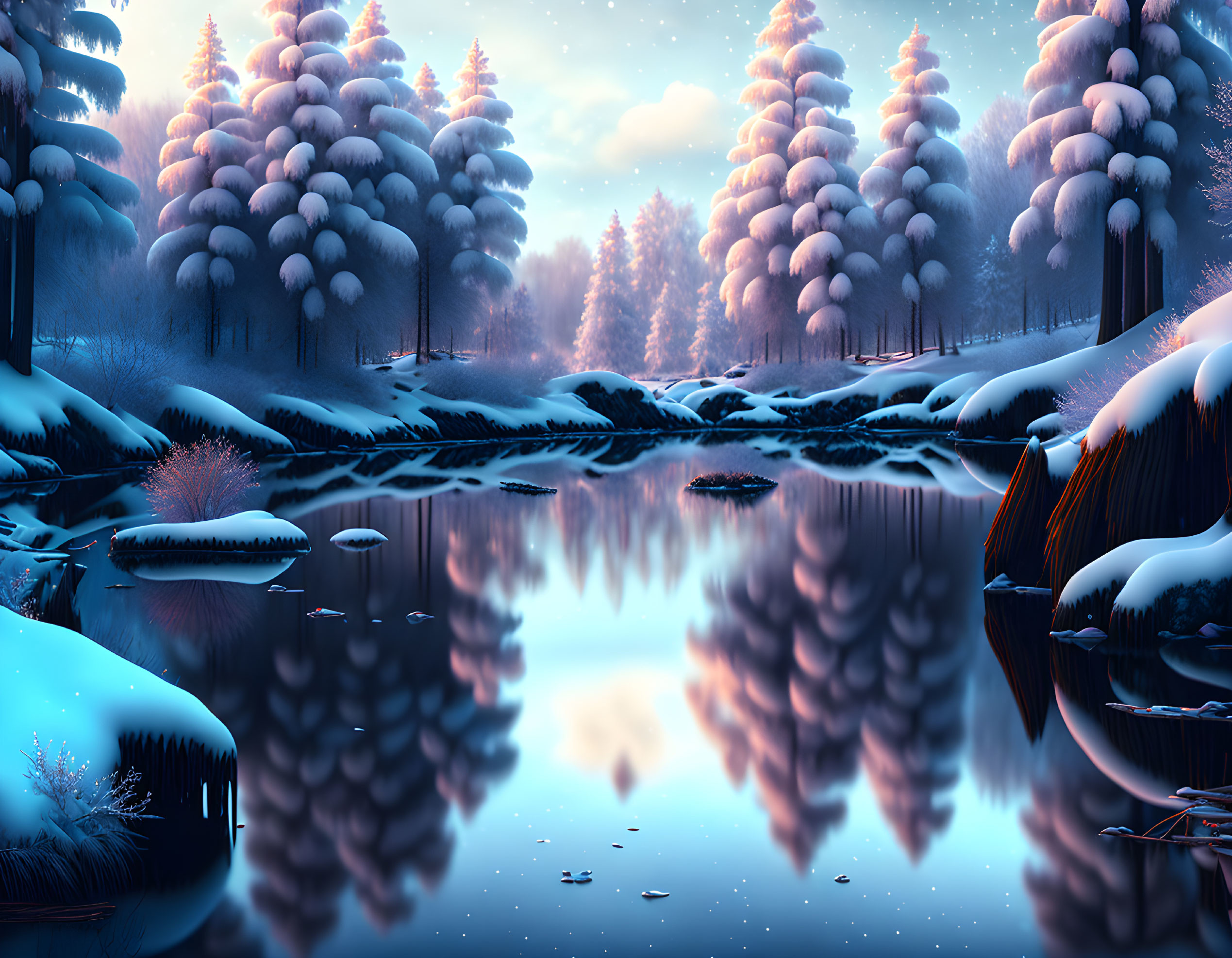 Tranquil Winter Twilight Scene with Snow-Covered Trees and Reflective River