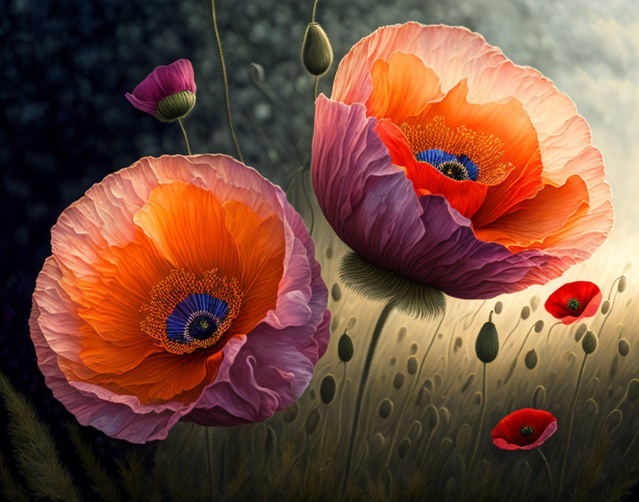 Vibrant poppies against dark foliage with intricate petal details