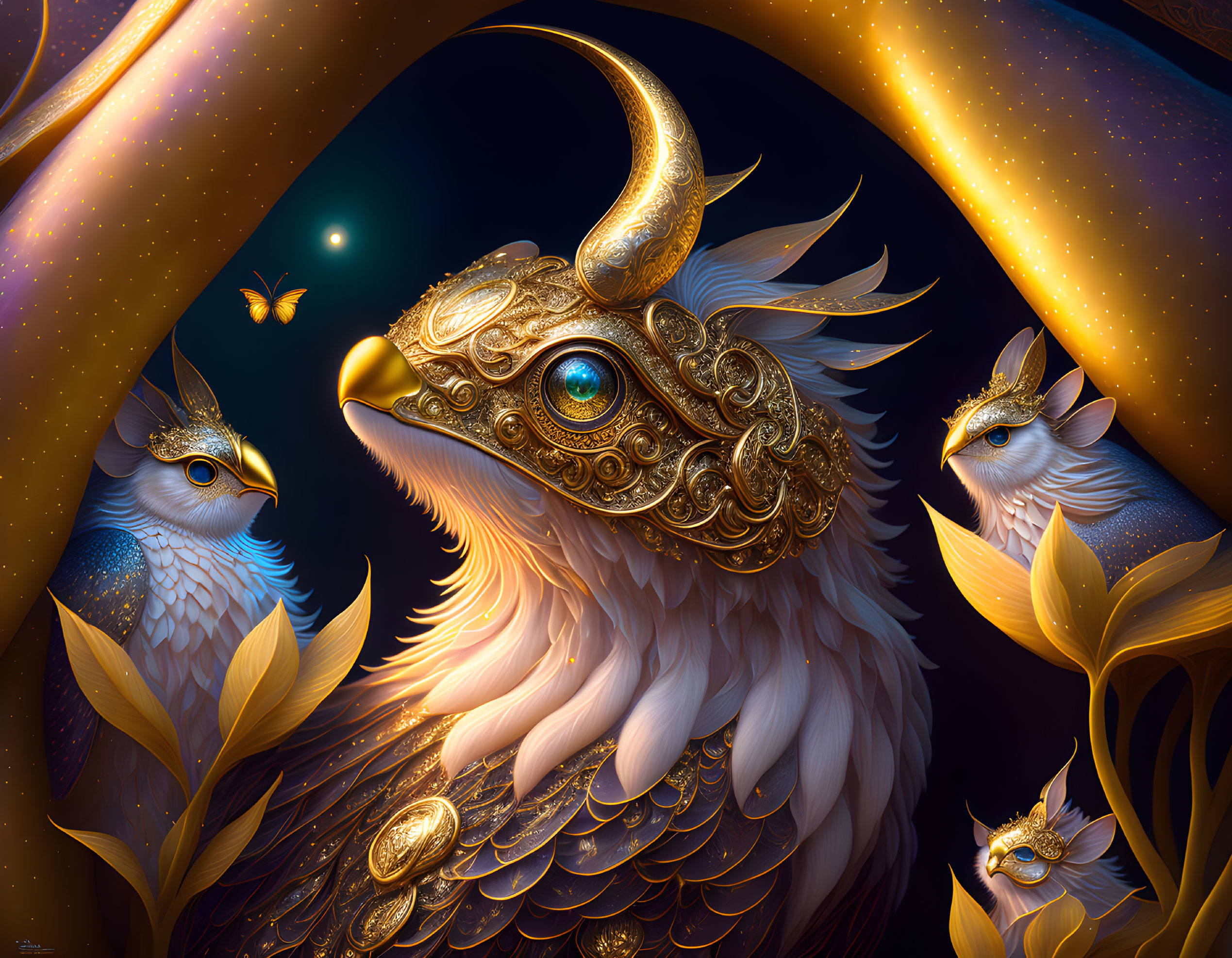 Golden-armored owl surrounded by smaller owls and gold-leafed flora under starry sky