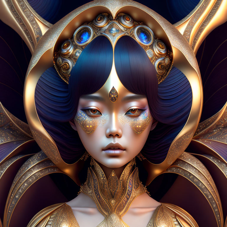 Digital artwork of woman with golden headdress & mystical aura