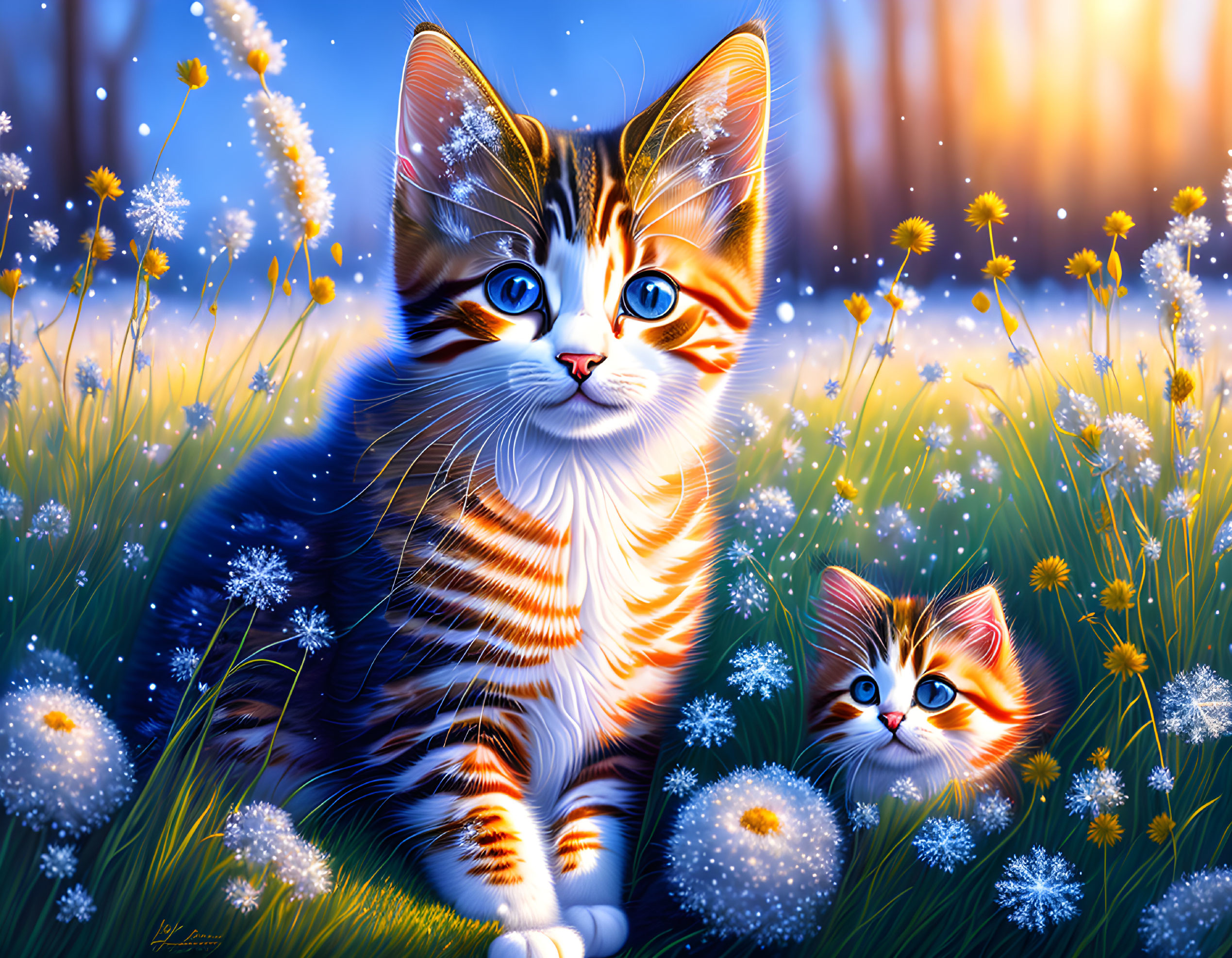 Illustrated kittens with blue eyes in dandelion field at sunset