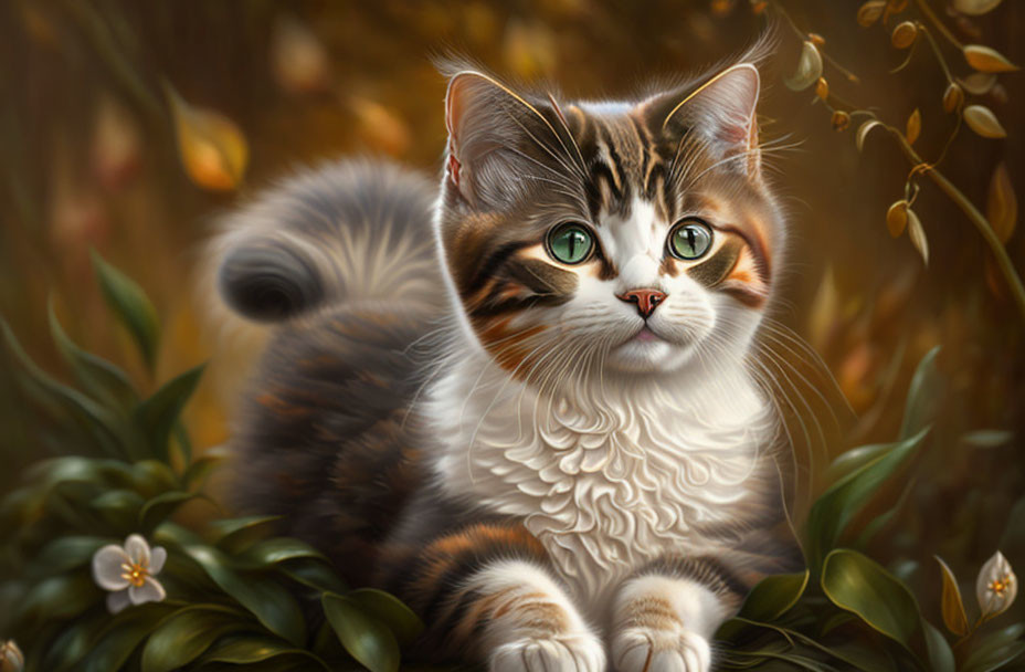 Hyper-realistic cat with green eyes in lush foliage.