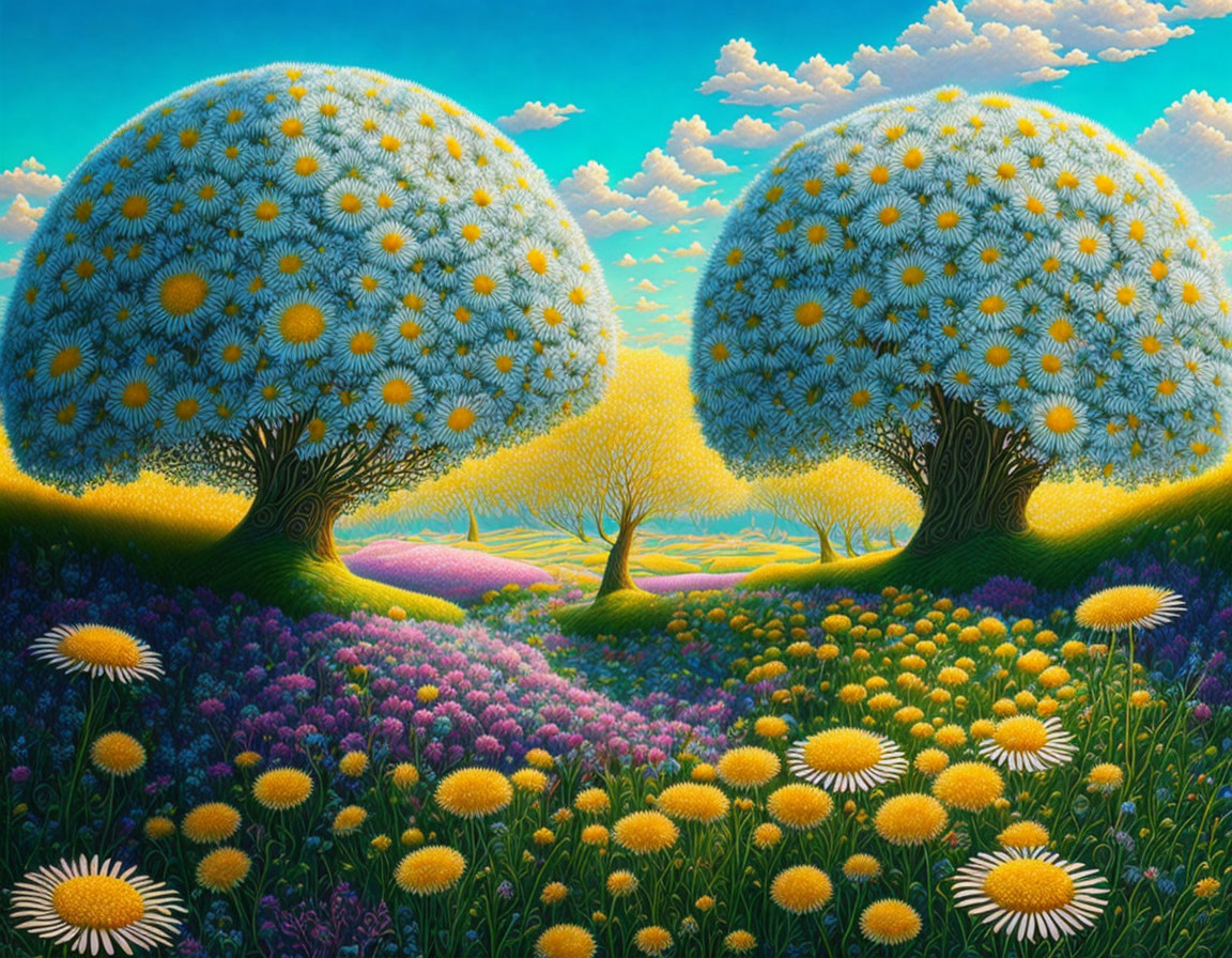 Vibrant surreal landscape with dandelion-shaped tree canopies and colorful flowers