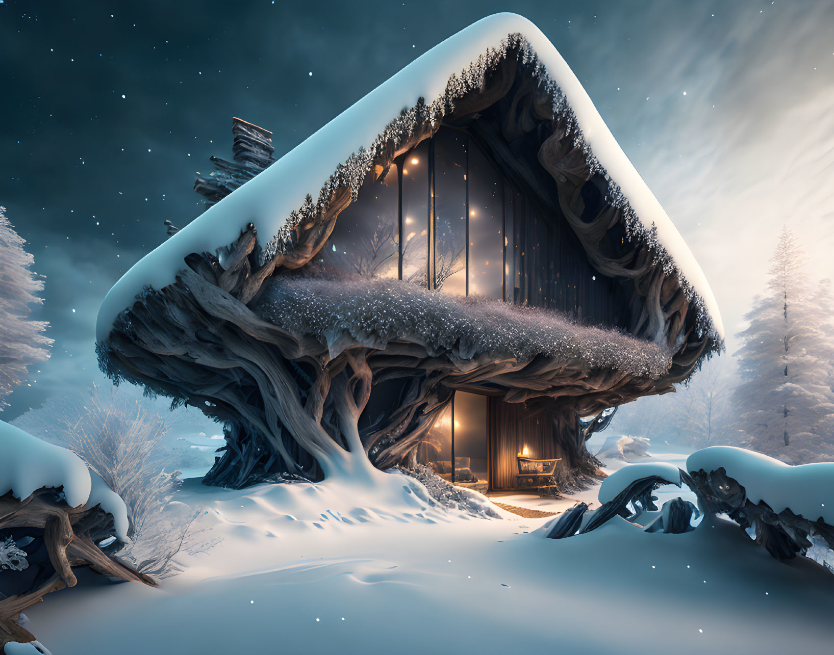 Unique Mushroom-Like Snow-Covered Cabin in Wintry Forest