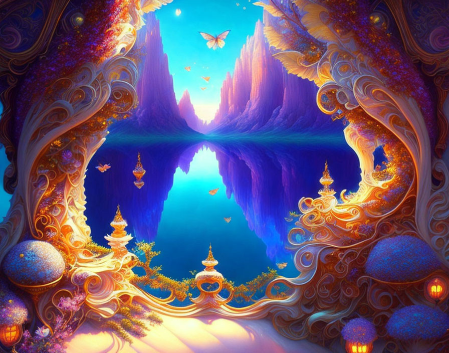 Fantasy landscape with glowing canyon gateway, reflective water, lanterns, whimsical trees, and butterflies