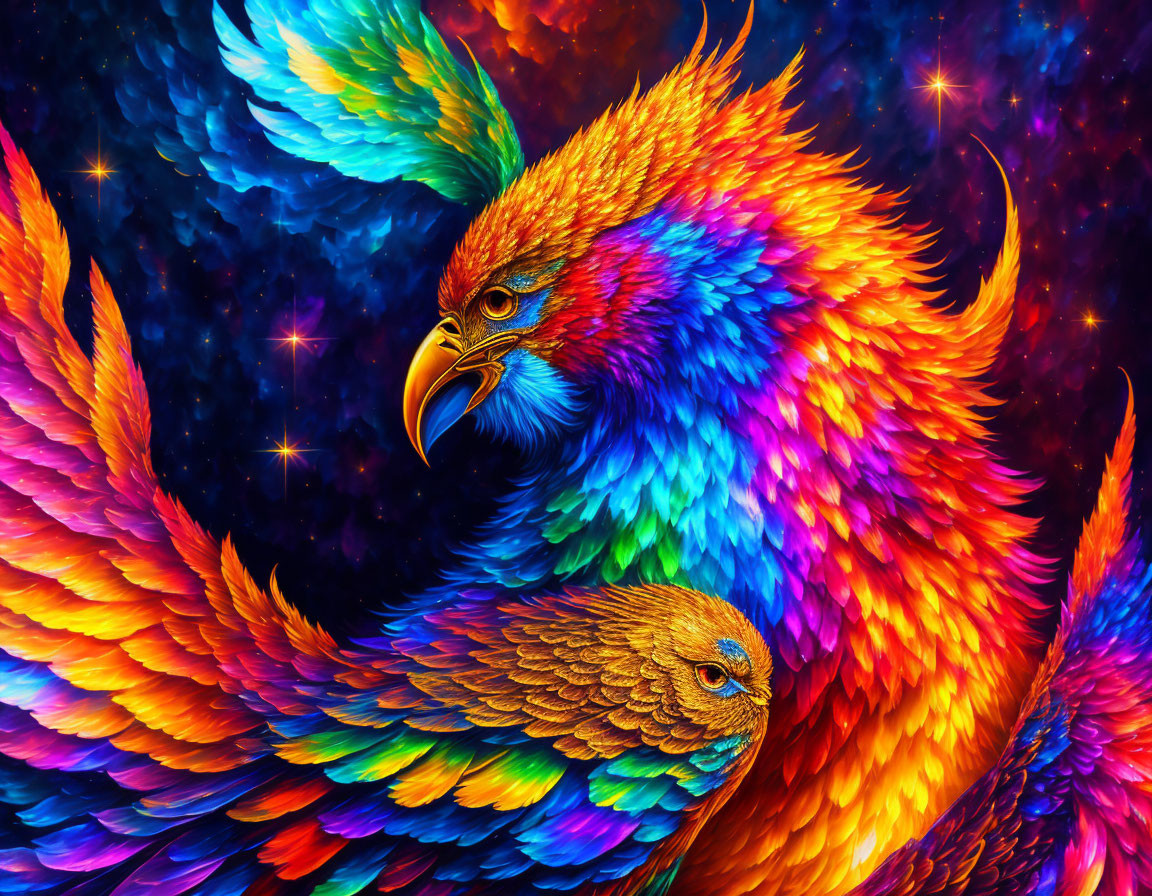 Colorful digital art featuring two phoenixes in cosmic setting