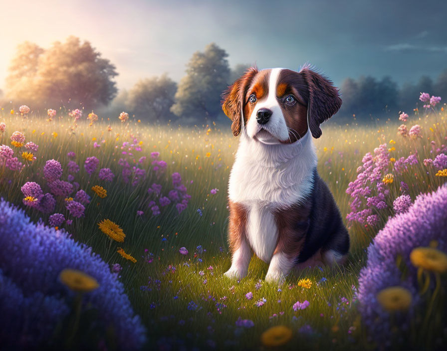 Bernese Mountain Dog in Meadow with Wildflowers and Sunset Sky