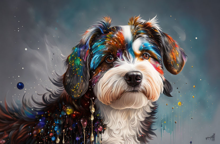 Vibrant digital painting of a cosmic-inspired dog portrait