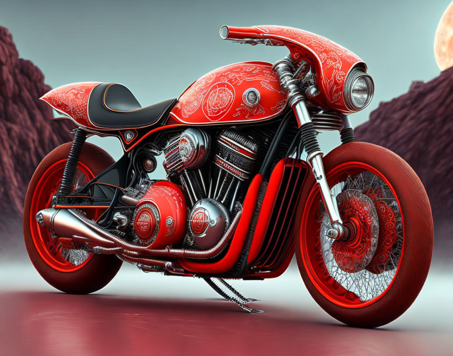 Custom red motorcycle with ornate patterns in surreal setting