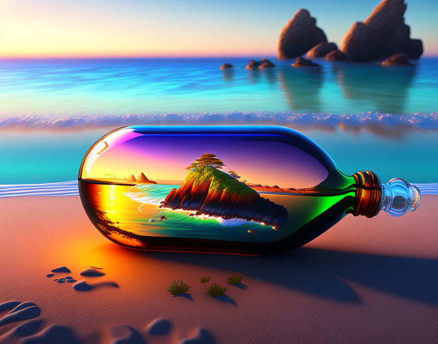 Colorful glass bottle on beach with miniature island at sunset