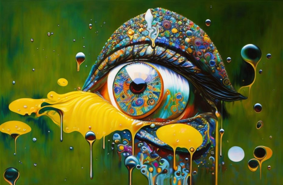 Colorful surreal eye painting with intricate patterns on green backdrop