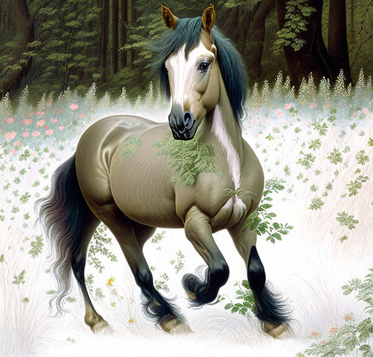 Palomino horse with lush mane in flowering meadows.