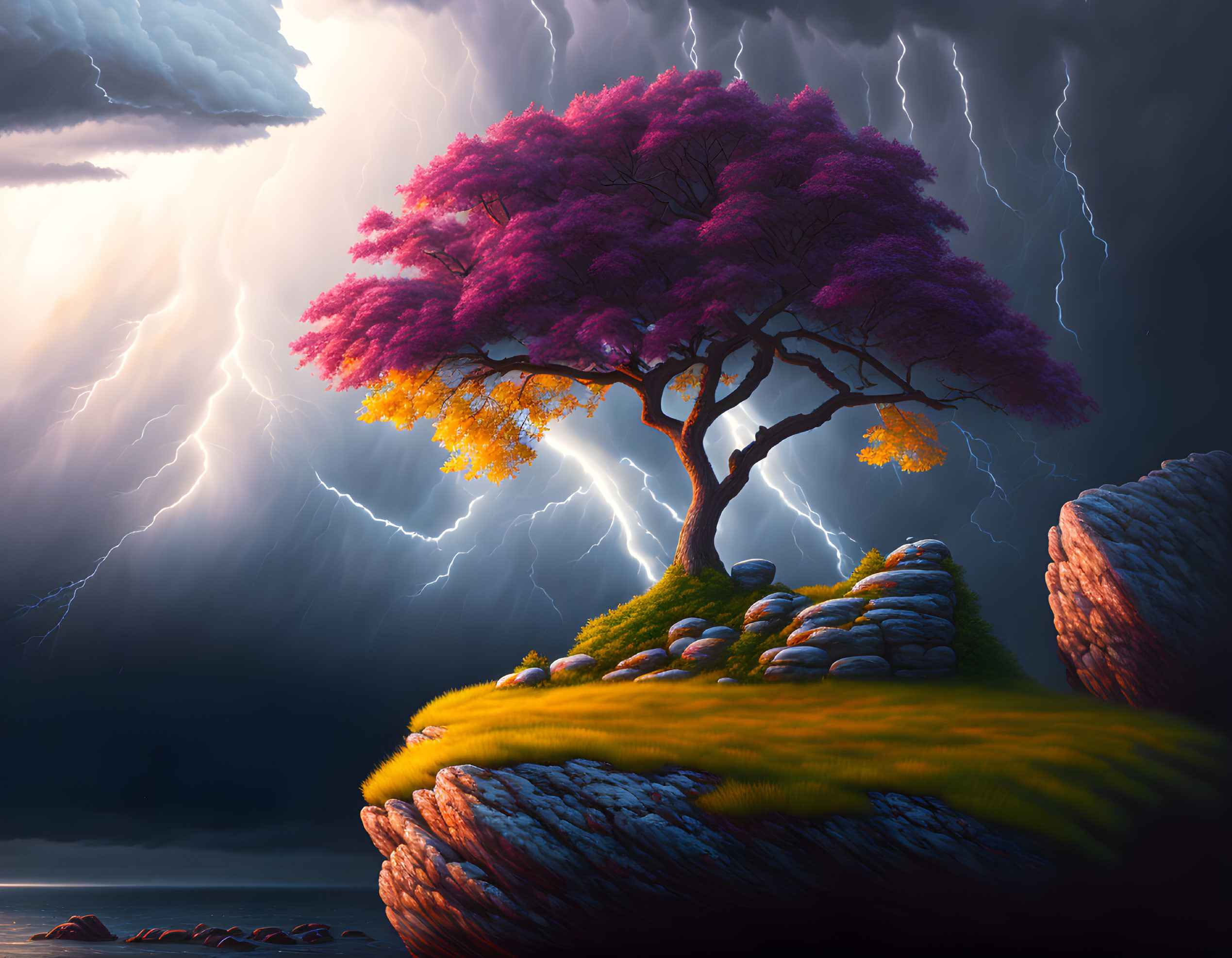 Pink tree on cliff under lightning sky with stone cairns and sea