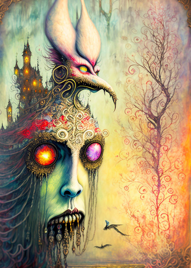 Colorful bird-like figure with ornate headgear in surreal artwork