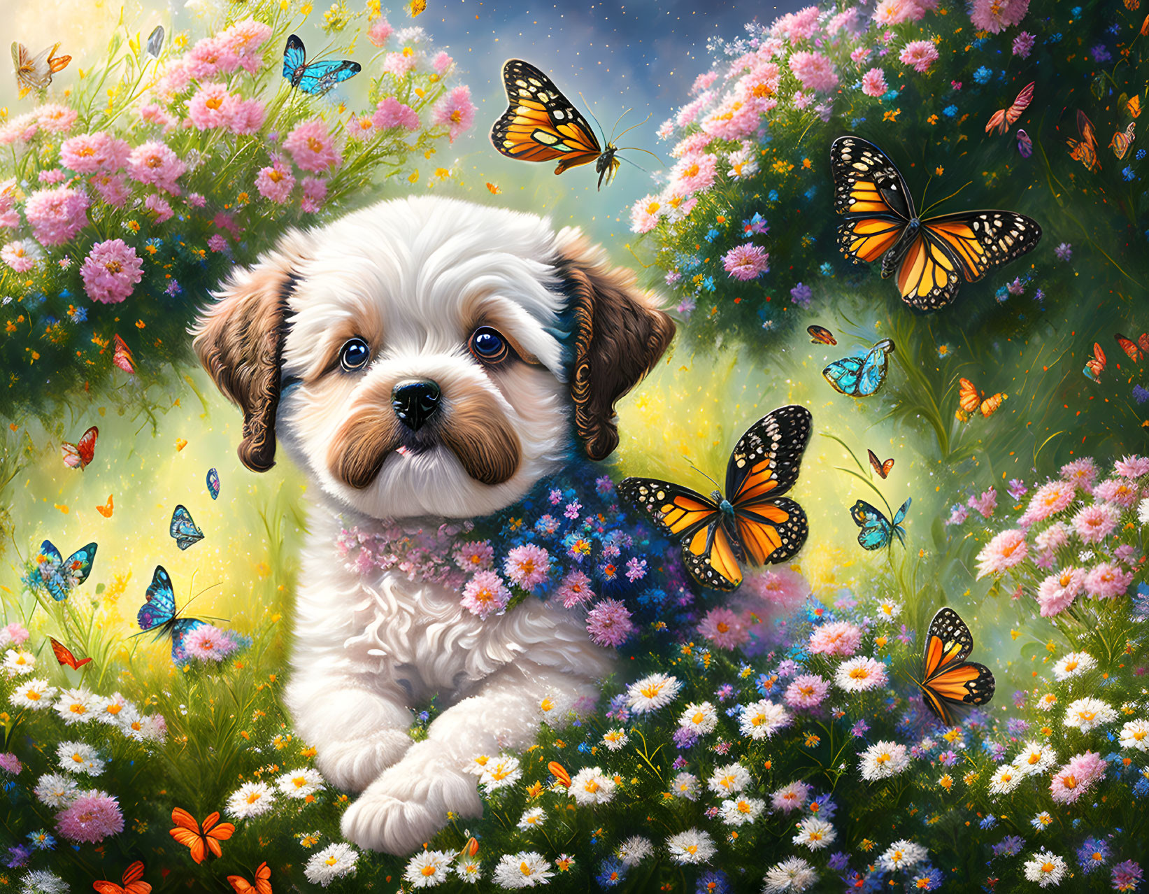 Fluffy White and Brown Puppy Surrounded by Colorful Flowers and Butterflies