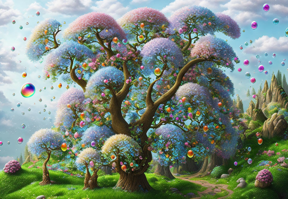 Colorful Fantasy Landscape with Lush Tree and Floating Bubbles