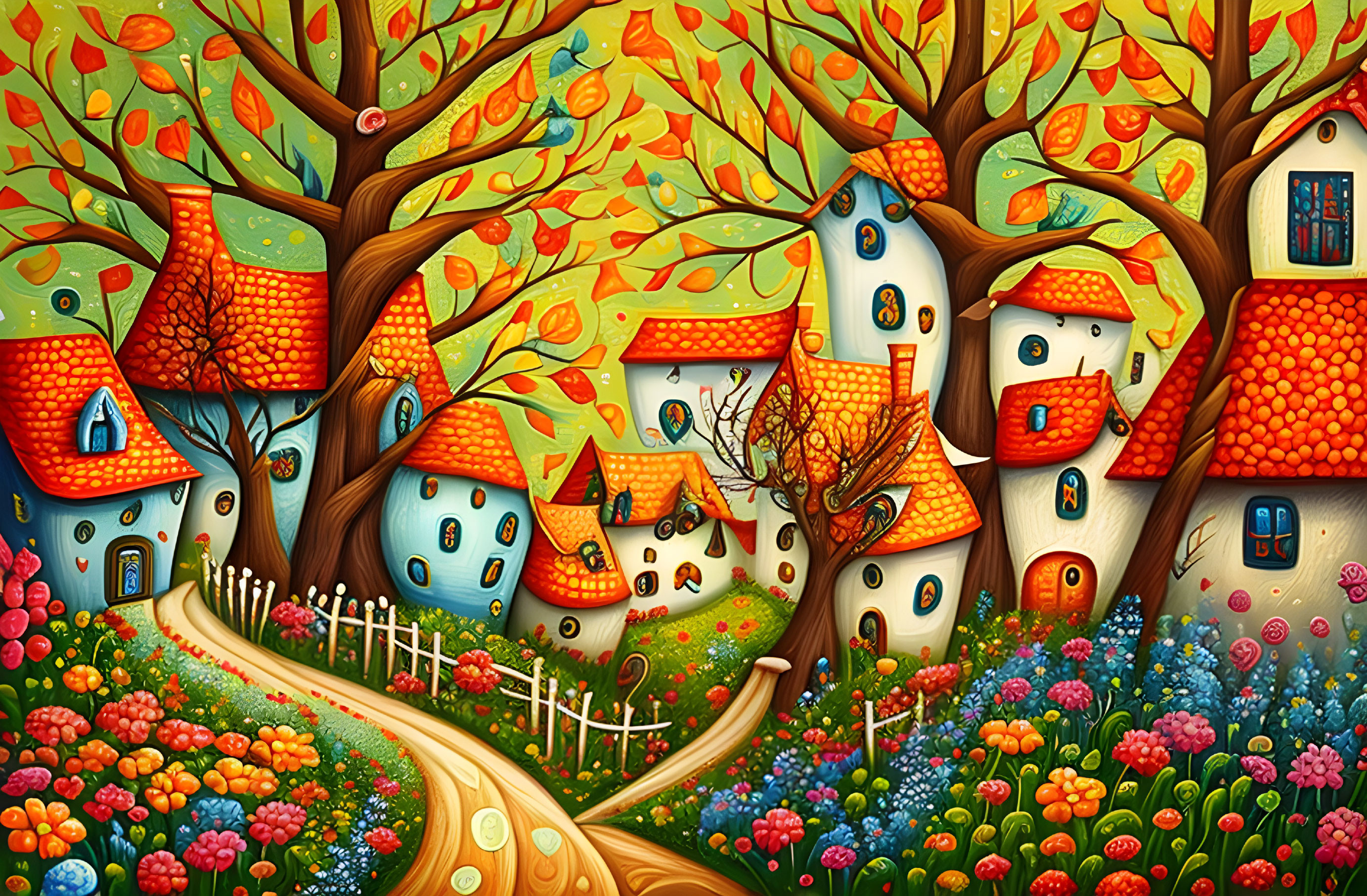 Colorful village scene with tree-integrated houses and autumn flowers