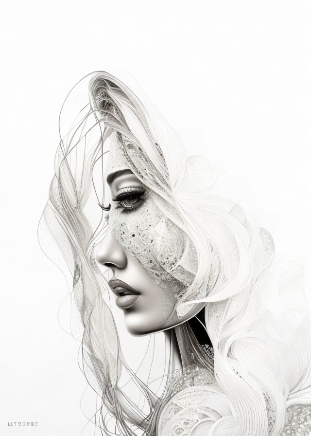 Monochromatic image of woman with intricate, flowing hair and veil with organic and geometric patterns.