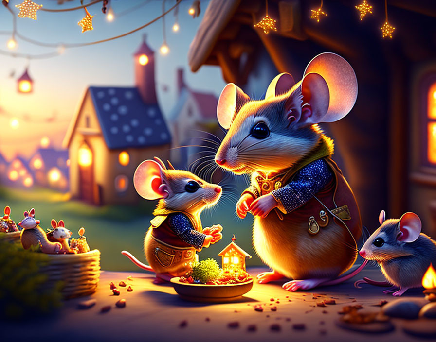 Whimsical village scene with anthropomorphic mice and glowing lanterns