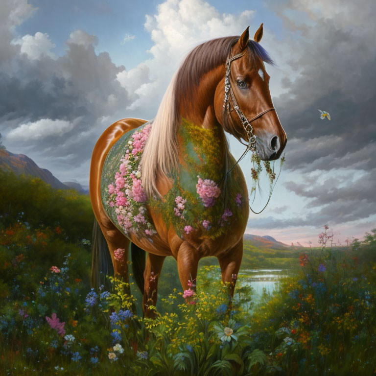 Brown horse in flowery meadow with mountain backdrop