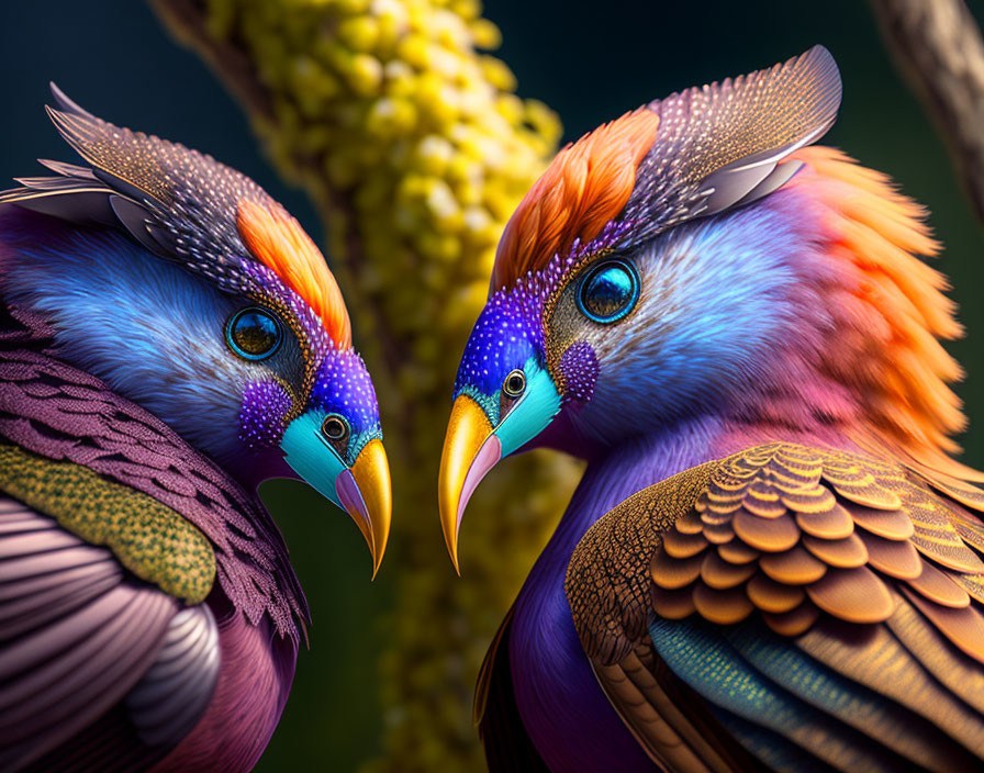 Vibrantly colored digital artwork: Birds with purple, blue, and orange feathers.