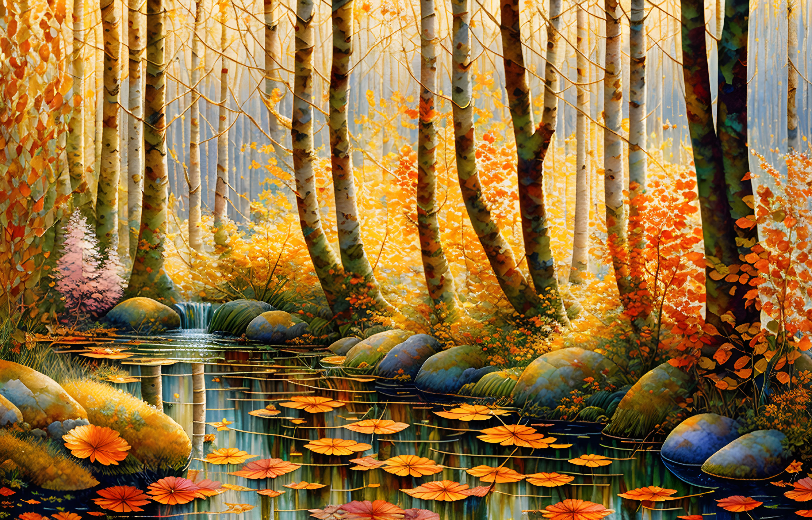 Tranquil stream in vibrant autumn forest with golden leaves and water lilies